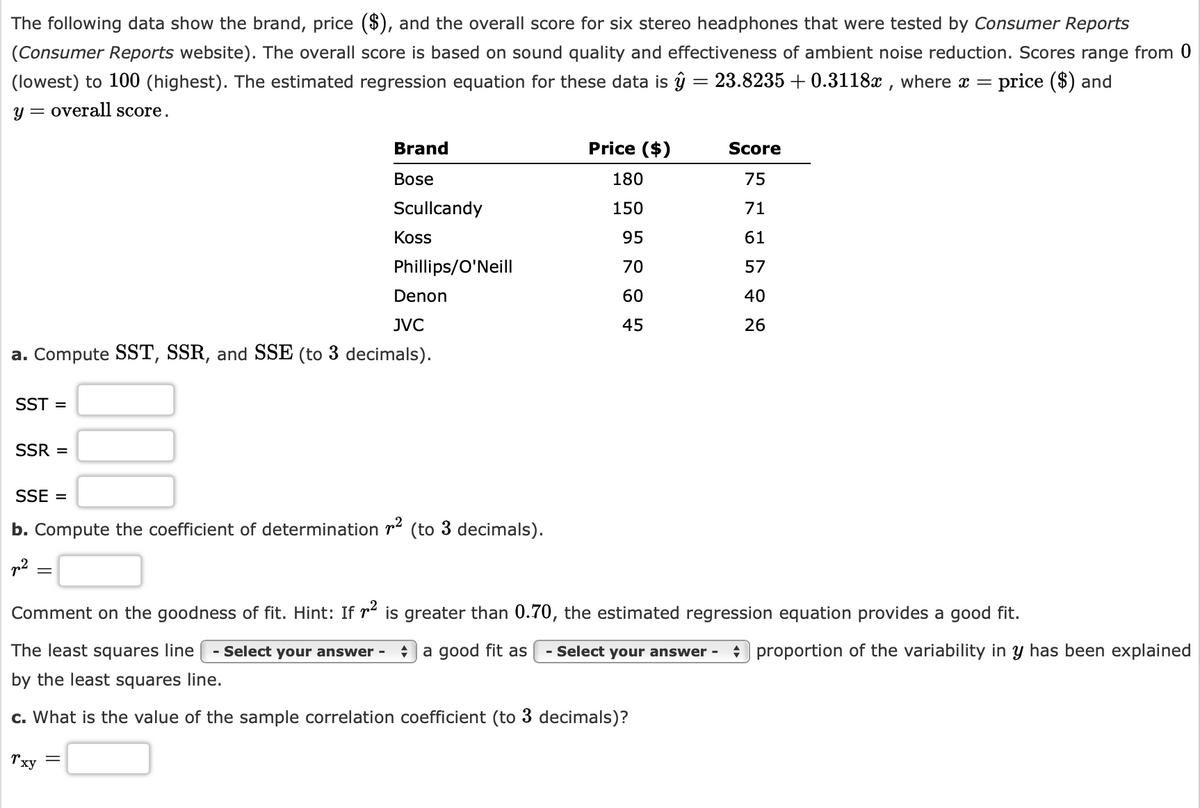 The following data show the brand, price ($), and the overall score for six stereo headphones that were tested by Consumer Reports
(Consumer Reports website). The overall score is based on sound quality and effectiveness of ambient noise reduction. Scores range from 0
(lowest) to 100 (highest). The estimated regression equation for these data is ŷ = 23.8235 + 0.3118x , where x = price ($) and
%3D
y = overall score.
Brand
Price ($)
Score
Bose
180
75
Scullcandy
150
71
Koss
95
61
Phillips/O'Neill
70
57
Denon
60
40
JVC
45
26
a. Compute SST, SSR, and SSE (to 3 decimals).
SST =
SSR =
SSE =
b. Compute the coefficient of determination r (to 3 decimals).
Comment on the goodness of fit. Hint: If r² is greater than 0.70, the estimated regression equation provides a good fit.
The least squares line
- Select your answer
+ a good fit as
Select your answer -
+ proportion of the variability in y has been explained
by the least squares line.
c. What is the value of the sample correlation coefficient (to 3 decimals)?
Txy
