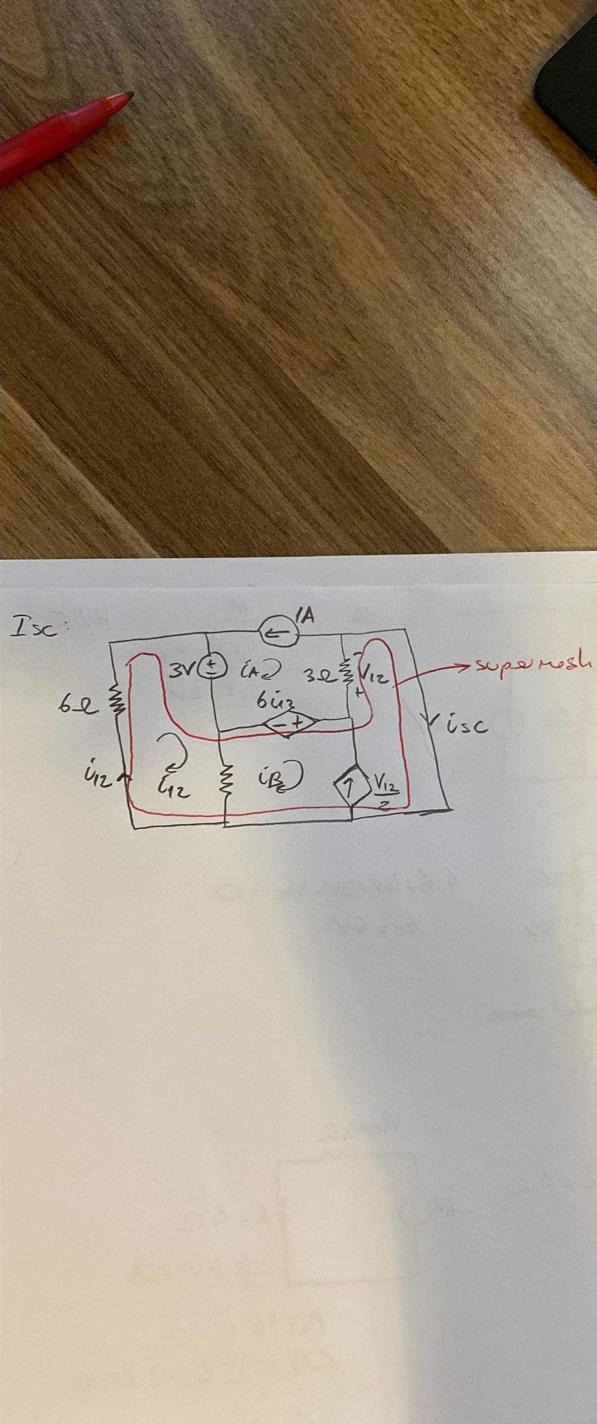 Isc: WH
be
Úz
IA
3V (AZ 32²112
+
būz
iB)
[₁2
V1₂
2
→ super mesh
Visc