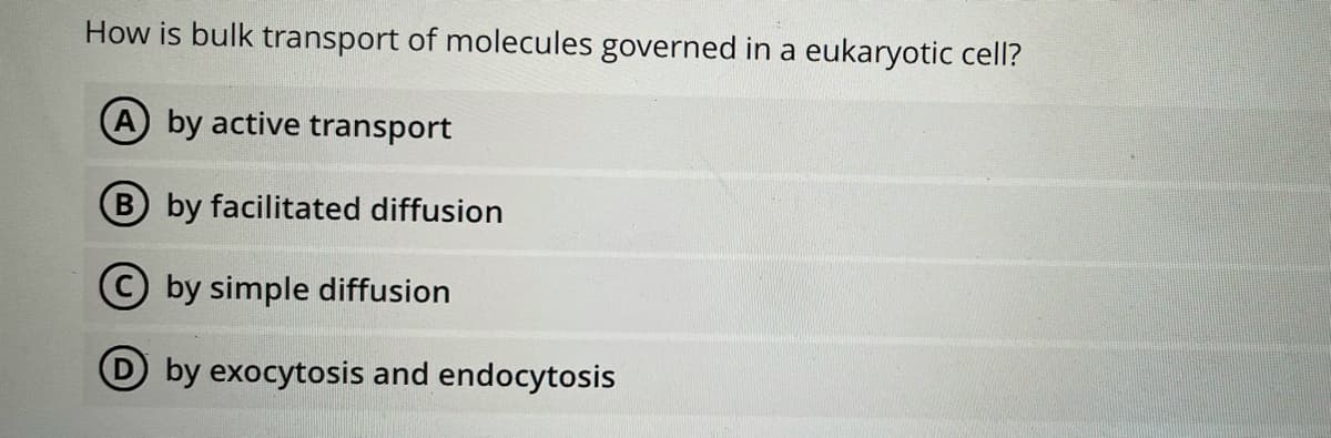 How is bulk transport of molecules governed in a eukaryotic cell?
A by active transport
B by facilitated diffusion
© by simple diffusion
D by exocytosis and endocytosis
