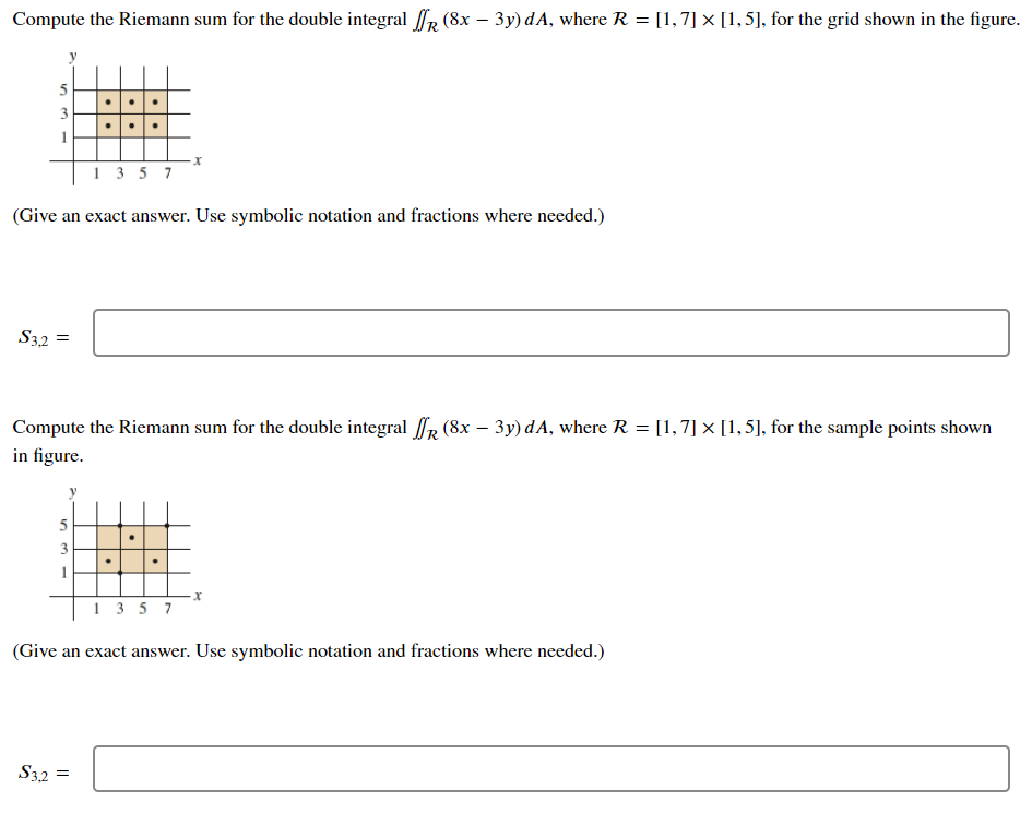 Compute the Riemann sum for the double integral R (8x – 3y) dA, where R = [1,7] × [1,5], for the grid shown in the figure.
5
3
1
1 3 5 7
(Give an exact answer. Use symbolic notation and fractions where needed.)
S3,2 =
Compute the Riemann sum for the double integral fR (8x – 3y) dA, where R = [1,7] × [1,5], for the sample points shown
in figure.
5
3
1 3 5 7
(Give an exact answer. Use symbolic notation and fractions where needed.)
S32 =
