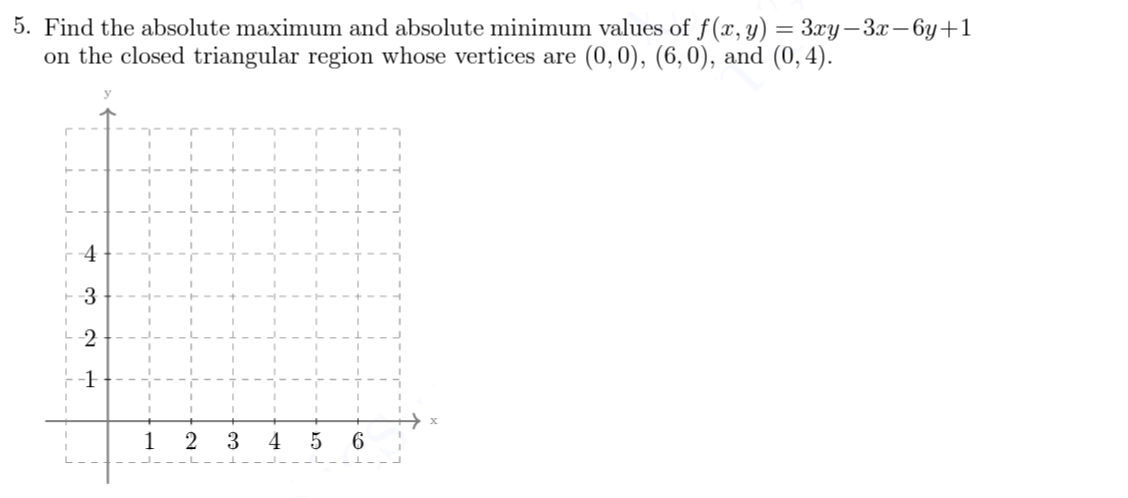 5. Find the absolute maximum and absolute minimum values of f(x, y) = 3xy-3x– 6y+1
on the closed triangular region whose vertices are (0,0), (6,0), and (0, 4).
-4
-3
-2
-1
1
2
6
