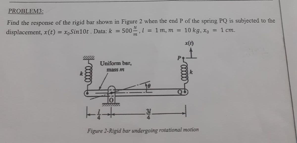 PROBLEM3:
Find the response of the rigid bar shown in Figure 2 when the end P of the spring PQ is subjected to the
displacement, x(t) = xoSin10t. Data: k = 500, 1 = 1 m, m =
10 kg, xo
= 1 cm.
m
Uniform bar,
mass m
x(t)
1
ki+
Figure 2-Rigid bar undergoing rotational motion