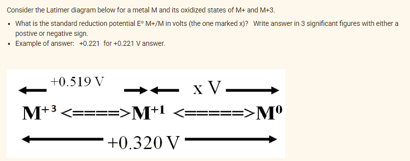 Consider the Latimer diagram below for a metal M and its oxidized states of M+ and M+3.
• What is the standard reduction potential EºM+/M in volts (the one marked x)? Write answer in 3 significant figures with either a
postive or negative sign.
• Example of answer: +0.221 for +0.221 V answer.
+0.519 V
– xV.
M+ ³ <====>M+¹
=>Mº
+0.320 V