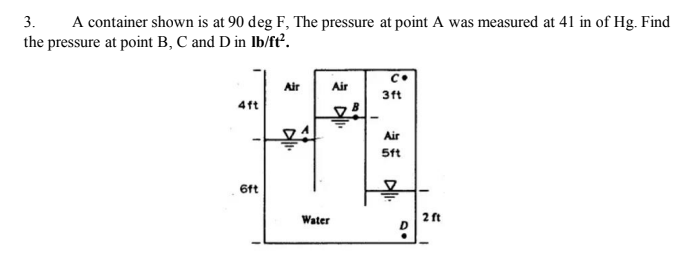 3.
A container shown is at 90 deg F, The pressure at point A was measured at 41 in of Hg. Find
the pressure at point B, C and D in Ib/ft².
Air
Air
31t
4ft
Air
5ft
6ft
Water
2 ft
