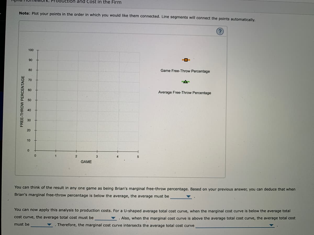 lon ảnd Cost in the Firm
Note: Plot your points in the order in which you would like them connected. Line segments will connect the points automatically.
100
90
80
Game Free-Throw Percentage
70
60
Average Free-Throw Percentage
50
40
30
20
10
3
4.
GAME
You can think of the result in any one game as being Brian's marginal free-throw percentage. Based on your previous answer, you can deduce that when
Brian's marginal free-throw percentage is below the average, the average must be
You can now apply this analysis to production costs. For a U-shaped average total cost curve, when the marginal cost curve is below the average total
cost curve, the average total cost must be
Also, when the marginal cost curve is above the average total cost curve, the average total cost
must be
. Therefore, the marginal cost curve intersects the average total cost curve
FREE-THROW PERCENTAGE
