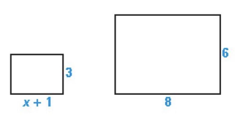 In the image, two rectangles are displayed and labeled with their respective dimensions.

1. **Smaller Rectangle**:
   - The height of this rectangle is 3 units.
   - The width is represented algebraically as \(x + 1\).

2. **Larger Rectangle**:
   - The height of this rectangle is 6 units.
   - The width of this rectangle is 8 units.

Both rectangles are oriented horizontally with their longer sides on the bottom. The dimensions are clearly indicated in blue near the respective sides.

This kind of diagram is typically used to solve problems involving the properties of rectangles, such as finding the area or perimeter, or applying the Pythagorean theorem in more complex scenarios combining algebra and geometry.