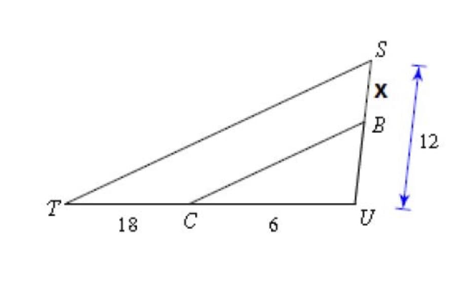 ### Geometric Diagram Analysis: Proportional Triangles

In this diagram, we observe two right-angled triangles, sharing a common vertex T:

1. The larger triangle is labeled TSU.
2. The smaller triangle is labeled TCB.

Let's break down the components of the diagram:

#### Points and Segments
- **T** and **U** are on the horizontal axis with TU being divided into two segments, TC and CU.
- **TS** is vertically aligned at point T, extending upward to point S.
- Segment **TS** is intersected by point X at an indicated distance of 12 units above point B.
- **B** is directly above point U at the same height as X.
- **TS** intersects point C at a distance of 18 units from point T.
- **CU** measures 6 units.

#### Interpretation

##### Horizontal Segments:
- **TU** is the base of the bigger triangle and is divided as follows:
  - **TC** measures 18 units.
  - **CU** measures 6 units.

##### Vertical Segment:
- The vertical distance from **B** to **U**, as indicated in the diagram, is 12 units.

##### Triangle Proportions:
- Triangles **TSU** and **TCB** are similar by AA (Angle-Angle) similarity criterion because each pair shares a corresponding angle at point T and the angles at points S and B are right angles. 

##### Concluding Thought:
Understanding the relationships between the side lengths and angles can be pivotal in solving geometry problems involving similar triangles. The proportionality allows for determining unknown lengths and verifying geometric properties. This diagram acts as an excellent example of similar triangle properties and the concept of proportional segments in right-angled triangles.