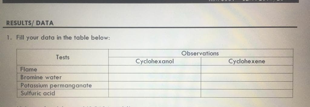 RESULTS/ DATA
1. Fill your data in the table below:
Observations
Tests
Cyclohexanol
Cyclohexene
Flame
Bromine water
Potassium permanganate
Sulfuric acid
