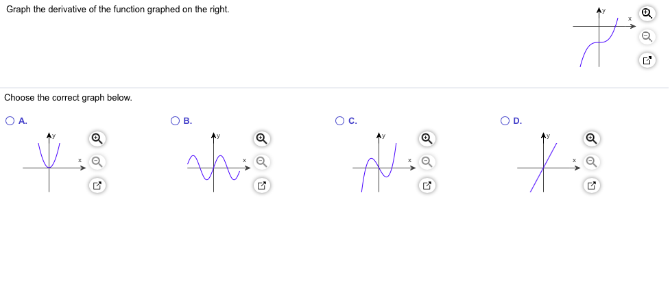 Graph the derivative of the function graphed on the right.
Choose the correct graph below.
O B.
O c.
O A.
O D.
xQ
