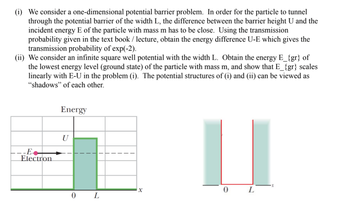 (i) We consider a one-dimensional potential barrier problem. In order for the particle to tunnel
through the potential barrier of the width L, the difference between the barrier height U and the
incident energy E of the particle with mass m has to be close. Using the transmission
probability given in the text book / lecture, obtain the energy difference U-E which gives the
transmission probability of exp(-2).
(ii) We consider an infinite square well potential with the width L. Obtain the energy E_{gr} of
the lowest energy level (ground state) of the particle with mass m, and show that E_{gr} scales
linearly with E-U in the problem (i). The potential structures of (i) and (ii) can be viewed as
"shadows" of each other.
Energy
U
---E-
Electron
X
L
L
