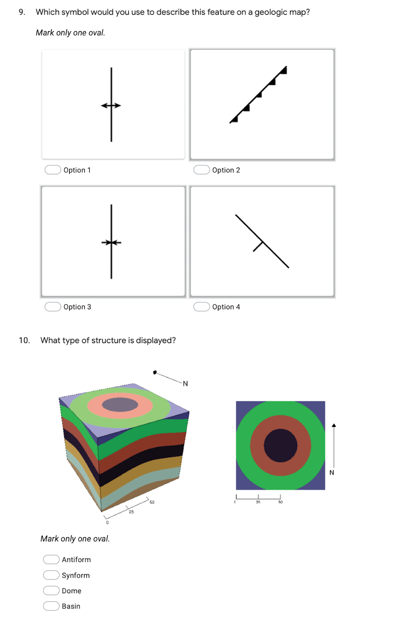 9.
Which symbol would you use to describe this feature on a geologic map?
Mark only one oval.
Option 1
Option 2
Option 3
Option 4
10.
What type of structure is displayed?
N.
Mark only one oval.
Antiform
Synform
Dome
Basin
