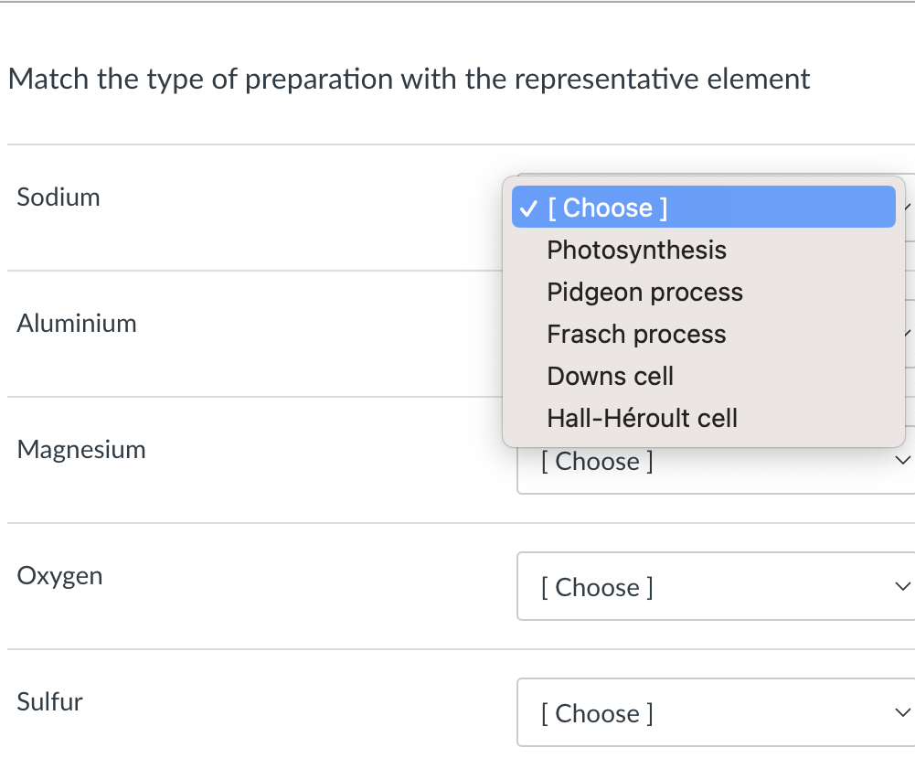 Match the type of preparation with the representative element
Sodium
Aluminium
Magnesium
Oxygen
Sulfur
✓ [Choose ]
Photosynthesis
Pidgeon process
Frasch process
Downs cell
Hall-Héroult cell
[Choose ]
[Choose ]
[Choose ]