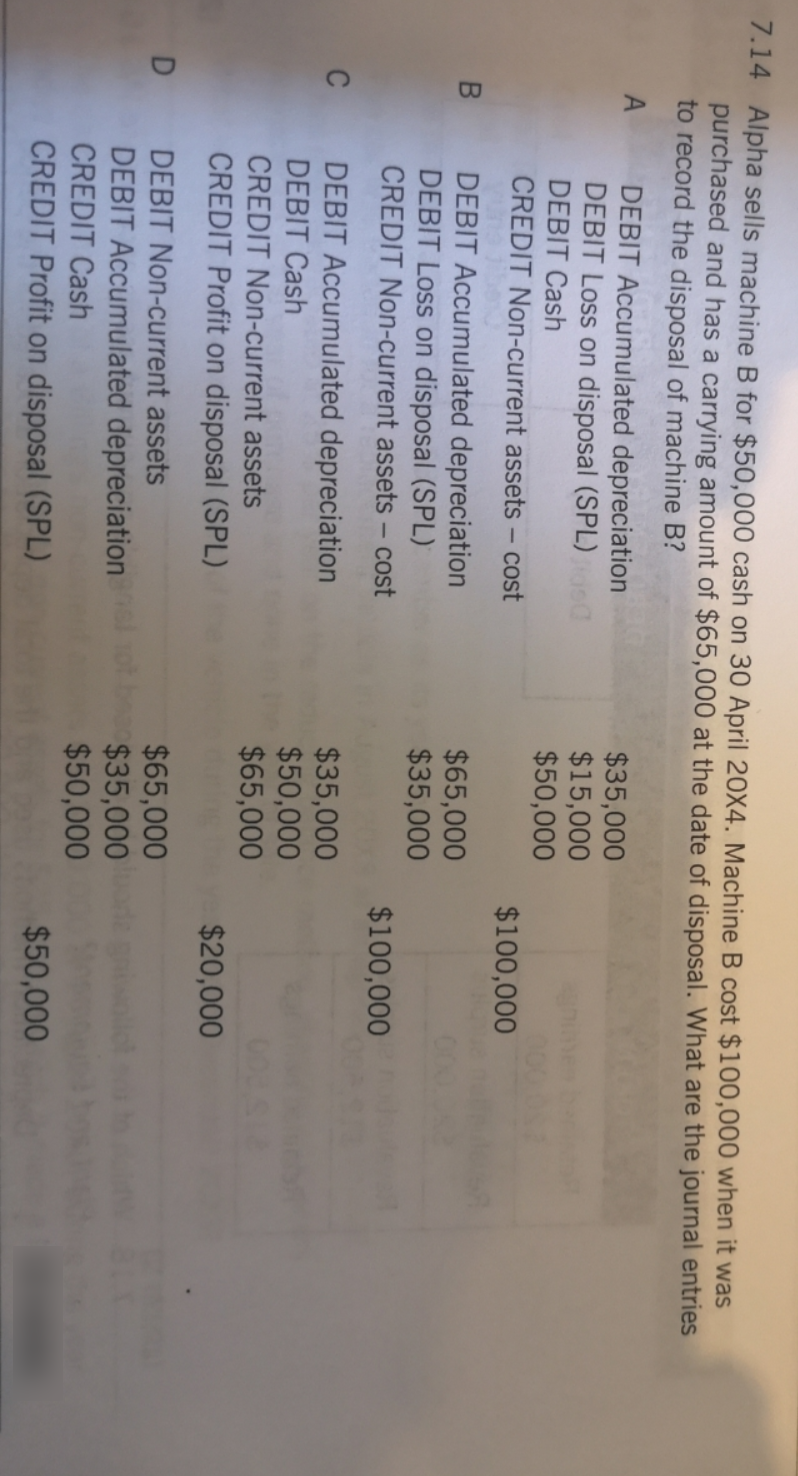 7.14 Alpha sells machine B for $50,000 cash on 30 April 20X4. Machine B cost $100,000 when it was
purchased and has a carrying amount of $65,000 at the date of disposal. What are the journal entries
to record the disposal of machine B?
DEBIT Accumulated depreciation
DEBIT Loss on disposal (SPL)
A
$35,000
$15,000
$50,000
DEBIT Cash
CREDIT Non-current assets – cost
$100,000
DEBIT Accumulated depreciation
DEBIT Loss on disposal (SPL)
CREDIT Non-current assets - cost
B
$65,000
$35,000
$100,000
DEBIT Accumulated depreciation
DEBIT Cash
$35,000
$50,000
$65,000
C
CREDIT Non-current assets
CREDIT Profit on disposal (SPL)
$20,000
$65,000
$35,000
$50,000
DEBIT Non-current assets
DEBIT Accumulated depreciation
CREDIT Cash
CREDIT Profit on disposal (SPL)
$50,000
