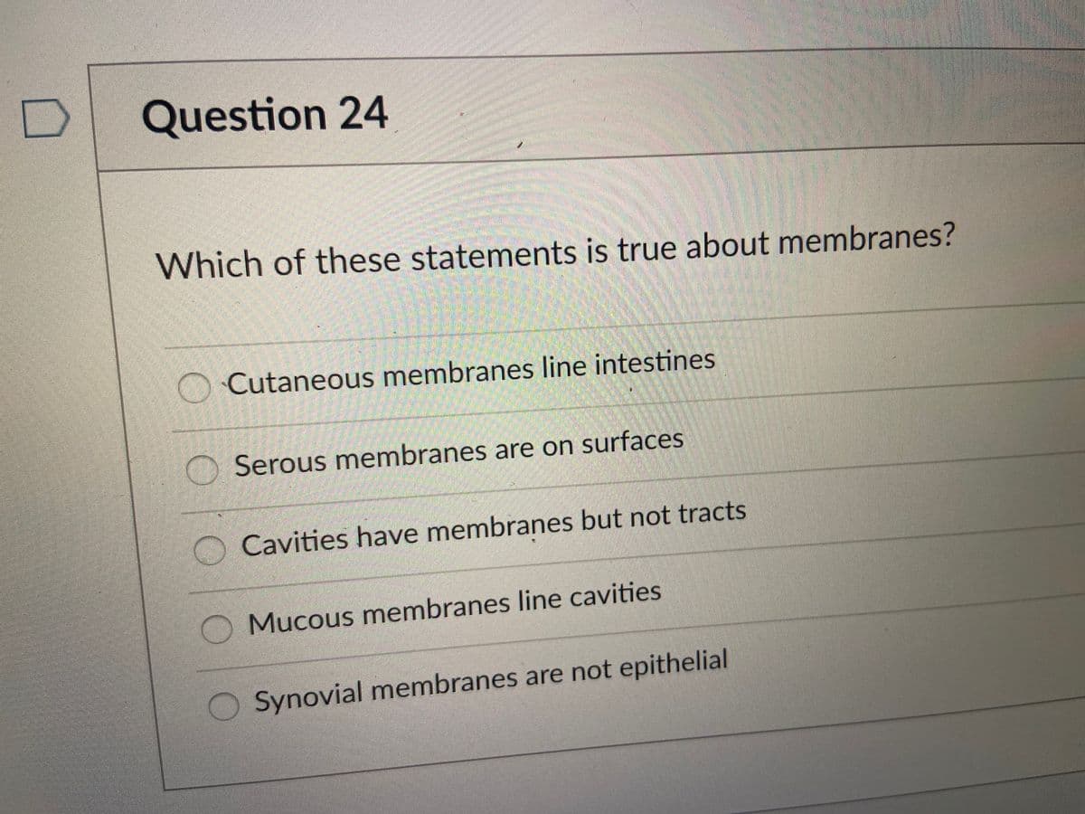 Question 24
Which of these statements is true about membranes?
Cutaneous membranes line intestines
Serous membranes are on surfaces
O Cavities have membranes but not tracts
O Mucous membranes line cavities
Synovial membranes are not epithelial
