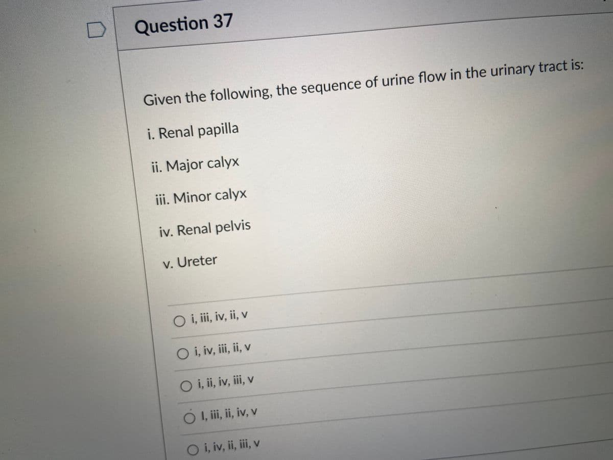Question 37
Given the following, the sequence of urine flow in the urinary tract is:
i. Renal papilla
ii. Major calyx
ii. Minor calyx
iv. Renal pelvis
v. Ureter
O i, ii, iv, ii, v
O i, iv, iii, ii, v
O i, ii, iv, iii, v
OI, ii, i, iv, v
Oi,iv, ii, iii, v
