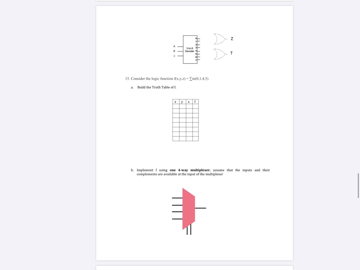 3-to-8
Decoder
15. Consider the logic function f(x,y,z) = Em(0,1,4,5)
a.
Build the Truth Table of f.
y
z
f
b. Implement f using one 4-way multiplexer; assume that the inputs and their
complements are available at the input of the multiplexer
