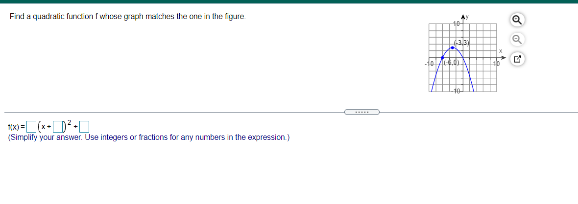 Find a quadratic function f whose graph matches the one in the figure.
本y
10
43.3)
(-6.0)
(Simplify your answer. Use integers or fractions for any numbers in the expression.)
