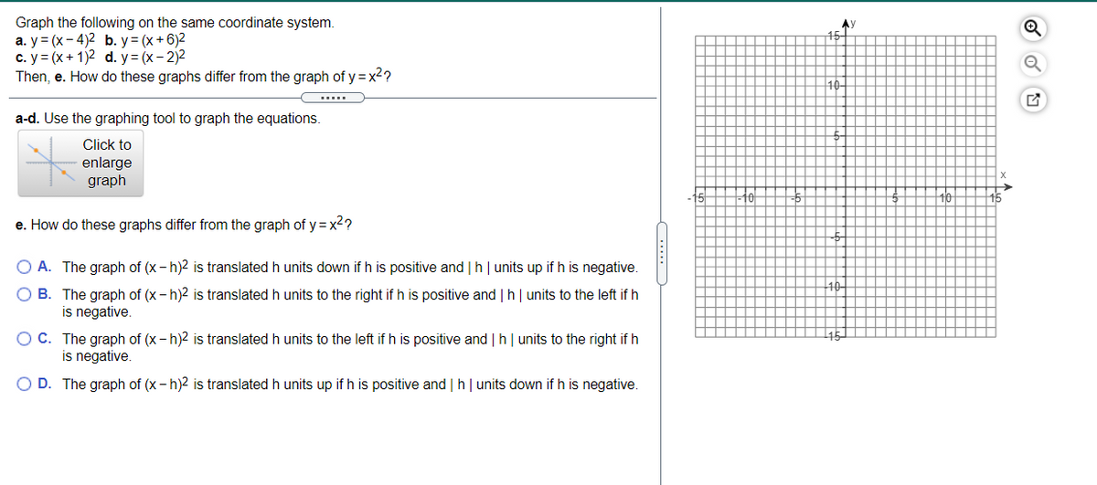 Graph the following on the same coordinate system.
a. y = (x- 4)2 b. y= (x + 6)2
с. у 3 (x+ 1)2 d. у %3 (х - 2)2
Then, e. How do these graphs differ from the graph of y = x2?
Ay
a-d. Use the graphing tool to graph the equations.
Click to
enlarge
graph
e. How do these graphs differ from the graph of y= x2?
O A. The graph of (x - h)2 is translated h units down if h is positive and | h| units up if h is negative.
O B. The graph of (x - h)? is translated h units to the right if h is positive and |h| units to the left if h
is negative.
O C. The graph of (x- h)2 is translated h units to the left if h is positive and | h | units to the right if h
is negative.
O D. The graph of (x - h)2 is translated h units up if h is positive and | h|units down if h is negative.
