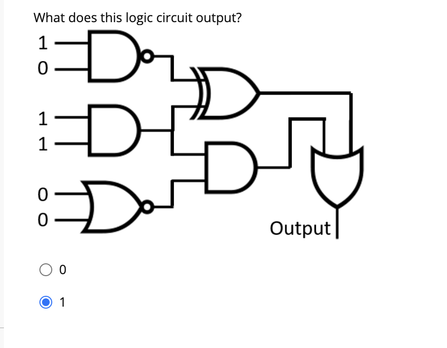 What does this logic circuit output?
DE
1
Output
O 1
