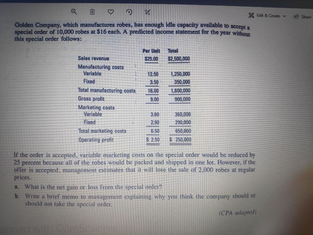 X Edit & Create v
A Share
Golden Company, which manufactures robes, has enough idle capacity available to accept a
special order of 10,000 robes at $16 each. A predicted income statement for the year without
this special order follows:
Per Unit
Total
Sales revenue
$25.00
$2,500,000
Manufacturing costs
Variable
12.50
1,250,000
Fixed
3.50
350,000
Total manufacturing costs
16.00
1,600,000
Gross profit
9.00
900,000
Marketing costs
Variable
360,000
290,000
3.60
Fixed
2.90
Total marketing čosts
6.50
650,000
Operating profit
S 2.50
S 250,000
If the order is accepted, variable marketing costs on the special order would be reduced by
25
percent because all of the robes would be packed and shipped in one lot. However, if the
offer is accepted, management estimates that it will lose the sale of 2,000 robes at regular
prices.
a. What is the net gain or loss from the special order?
b. Write a brief memo to management explaining why you think the company should or
should not take the special order.
(CPA adapted)
anned with Car
自
