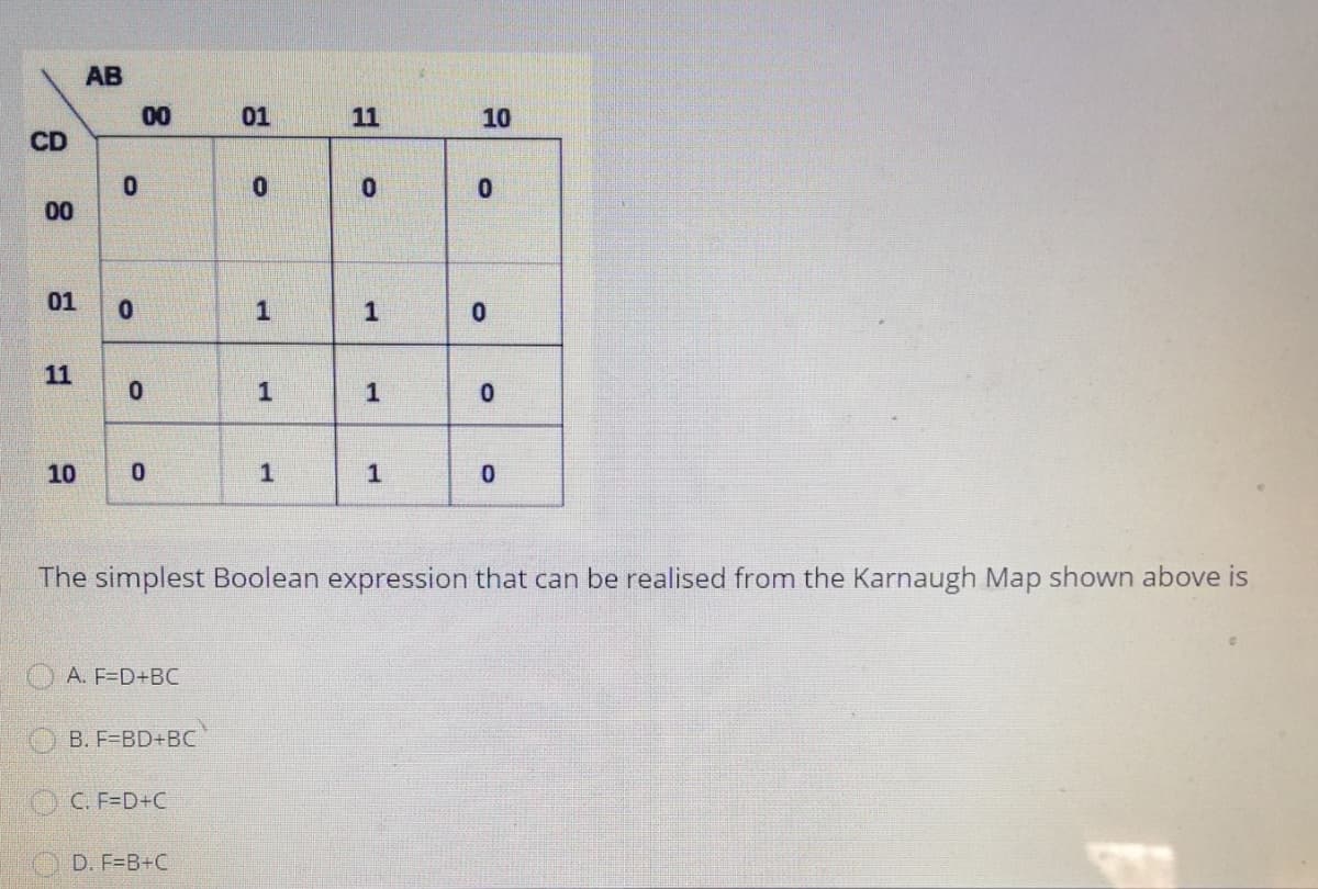 AB
00
01
11
10
CD
00
01
1
1
11
1
1
10
1
1
The simplest Boolean expression that can be realised from the Karnaugh Map shown above is
OA. F=D+BC
B. F=BD+BC
OC. F=D+C
D. F=B+C
