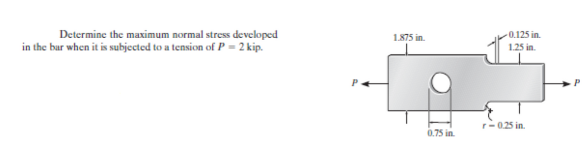 Determine the maximum normal stress developed
in the bar when it is subjected to a tension of P = 2 kip.
1.875 in.
0.75 in.
-0.125 in.
1.25 in.
r-0.25 in.