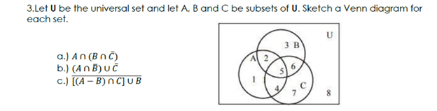 3.Let U be the universal set and let A, B and C be subsets of U. Sketch a Venn diagram for
each set.
U
3 B
a.) An (BNC)
b.) (ANB) uč
6
c.) [(A - B) nC] UB
8