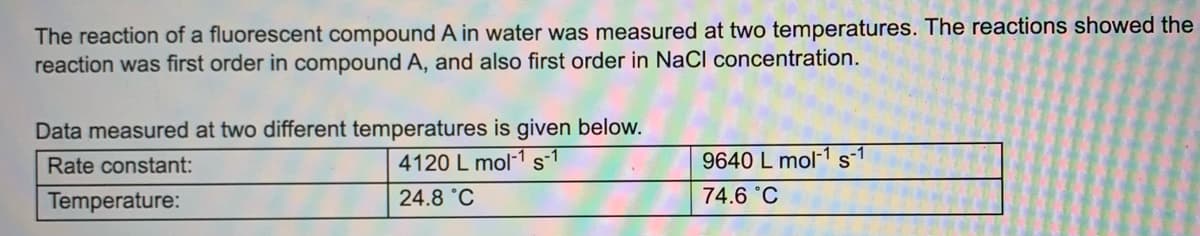 The reaction of a fluorescent compound A in water was measured at two temperatures. The reactions showed the
reaction was first order in compound A, and also first order in NaCl concentration.
Data measured at two different temperatures is given below.
Rate constant:
4120 L mol-¹ s-1
24.8 °C
Temperature:
9640 L mol-1 s-1
74.6 °C