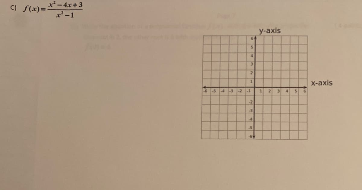 x-4x+3
C) f(x)=-
x'-1
у-аxis
64
3.
1.
X-axis
-6-5
-4-3
-2
-1
2 3
6
-2
-3
-5
