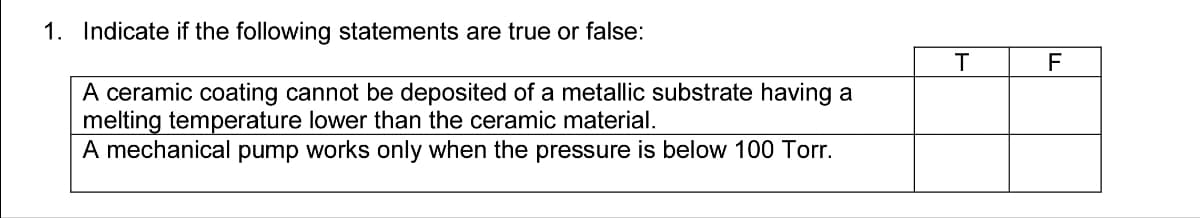 1. Indicate if the following statements are true or false:
A ceramic coating cannot be deposited of a metallic substrate having a
melting temperature lower than the ceramic material.
A mechanical pump works only when the pressure is below 100 Torr.
T
F