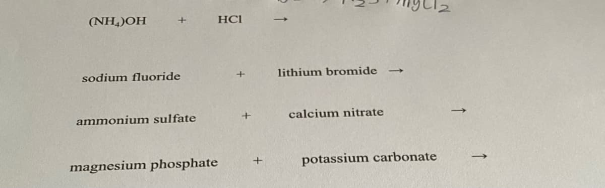 (NH,)OH
HCI
sodium fluoride
lithium bromide
ammonium sulfate
calcium nitrate
magnesium phosphate
potassium carbonate
