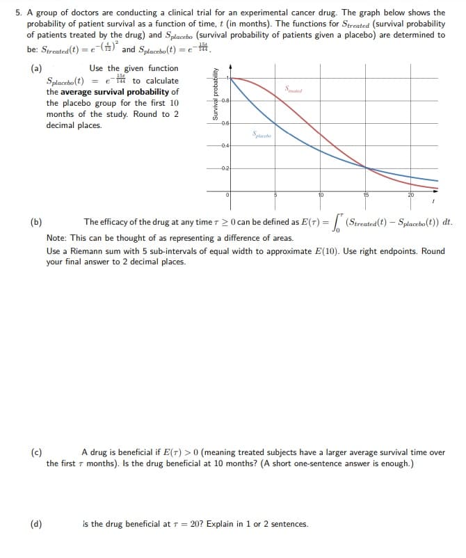 5. A group of doctors are conducting a clinical trial for an experimental cancer drug. The graph below shows the
probability of patient survival as a function of time, t (in months). The functions for Streated (survival probability
of patients treated by the drug) and Splacebo (survival probability of patients given a placebo) are determined to
be: Streated(t) = e-() and Splacebo (t) = e #.
Use the given function
(a)
Splacebo (t) = e-i to calculate
the average survival probability of
the placebo group for the first 10
months of the study. Round to 2
decimal places.
Ste
0.
-0.6
-0:4
-02
10
20
(b)
The efficacy of the drug at any time 7 >0 can be defined as E(7) = (Streated(t) – Splacebo (t)) dt.
Note: This can be thought of as representing a difference of areas.
Use a Riemann sum with 5 sub-intervals of equal width to approximate E(10). Use right endpoints. Round
your final answer to 2 decimal places.
(c)
the first 7 months). Is the drug beneficial at 10 months? (A short one-sentence answer is enough.)
A drug is beneficial if E(7) > 0 (meaning treated subjects have a larger average survival time over
(d)
Is the drug beneficial at T = 20? Explain in 1 or 2
sentences.
Survival probability
