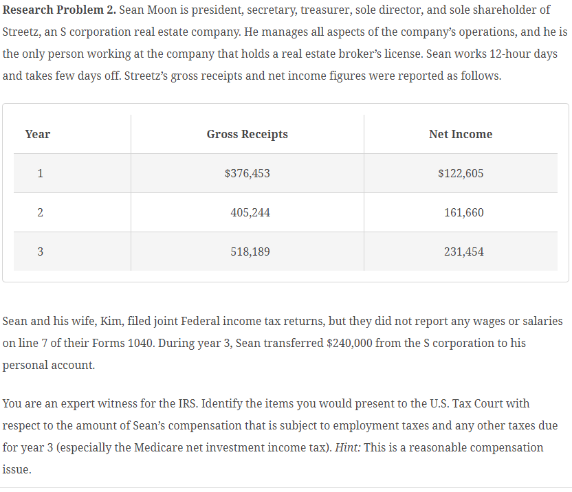 Research Problem 2. Sean Moon is president, secretary, treasurer, sole director, and sole shareholder of
Streetz, an S corporation real estate company. He manages all aspects of the company's operations, and he is
the only person working at the company that holds a real estate broker's license. Sean works 12-hour days
and takes few days off. Streetz's gross receipts and net income figures were reported as follows.
Year
Gross Receipts
Net Income
1
$376,453
$122,605
2
405,244
161,660
3
518,189
231,454
Sean and his wife, Kim, filed joint Federal income tax returns, but they did not report any wages or salaries
on line 7 of their Forms 1040. During year 3, Sean transferred $240,000 from the S corporation to his
personal account.
You are an expert witness for the IRS. Identify the items you would present to the U.S. Tax Court with
respect to the amount of Sean's compensation that is subject to employment taxes and any other taxes due
for year 3 (especially the Medicare net investment income tax). Hint: This is a reasonable compensation
issue.