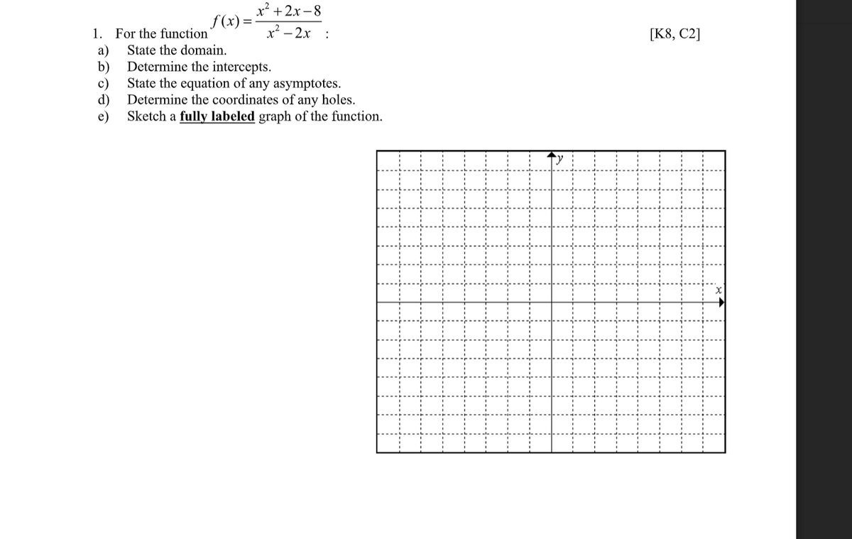 х +2х -8
f (x) =-
x² – 2x
1. For the function
[K8, C2]
:
State the domain.
a)
Determine the intercepts.
b)
State the equation of any asymptotes.
c)
Determine the coordinates of any holes.
Sketch a fully labeled graph of the function.
x4
