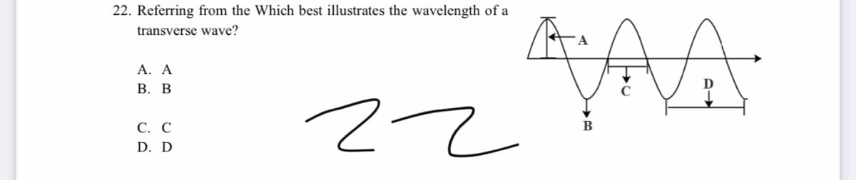 22. Referring from the Which best illustrates the wavelength of a
AA
transverse wave?
A. Α
В. В
22
С. С
D. D
