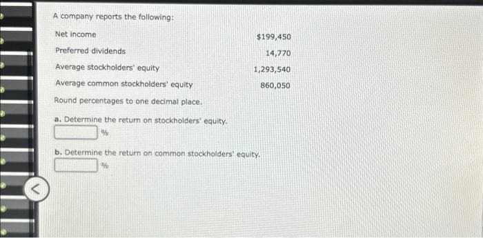 <
A company reports the following:
Net income
Preferred dividends
Average stockholders' equity
Average common stockholders' equity
Round percentages to one decimal place.
a. Determine the return on stockholders' equity.
%
$199,450
14,770
1,293,540
860,050
b. Determine the return on common stockholders' equity.
%