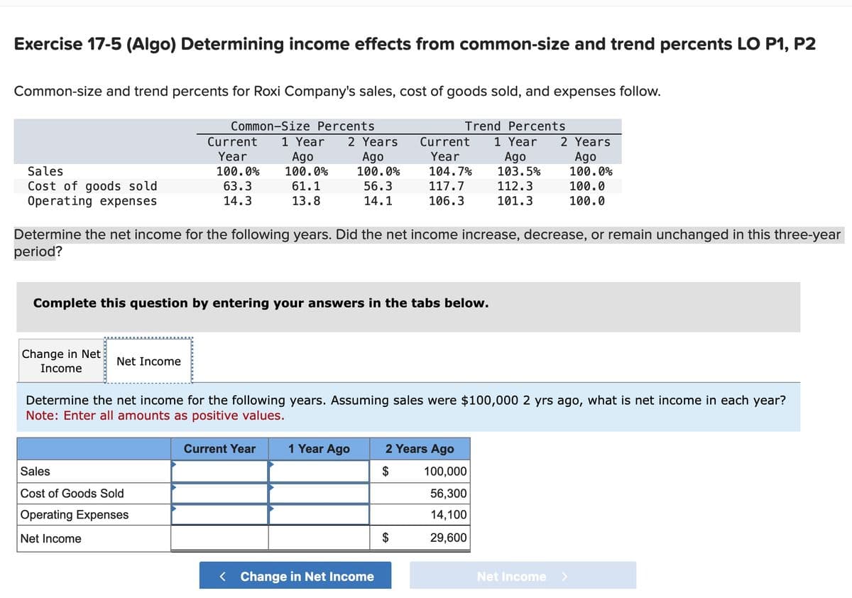 Exercise 17-5 (Algo) Determining income effects from common-size and trend percents LO P1, P2
Common-size and trend percents for Roxi Company's sales, cost of goods sold, and expenses follow.
Sales
Cost of goods sold
Operating expenses
Change in Net
Income
Common-Size Percents
Trend Percents
Current 1 Year 2 Years Current 1 Year 2 Years
Year
Year
104.7%
117.7
106.3
Net Income
100.0%
63.3
14.3
Complete this question by entering your answers in the tabs below.
Sales
Cost of Goods Sold
Operating Expenses
Net Income
Ago
100.0%
61.1
13.8
Determine the net income for the following years. Did the net income increase, decrease, or remain unchanged in this three-year
period?
Ago
100.0%
56.3
14.1
Current Year
Determine the net income for the following years. Assuming sales were $100,000 2 yrs ago, what is net income in each year?
Note: Enter all amounts as positive values.
1 Year Ago
< Change in Net Income
2 Years Ago
$
Ago
103.5%
112.3
101.3
$
100,000
56,300
14,100
29,600
Ago
100.0%
100.0
100.0
Net Income