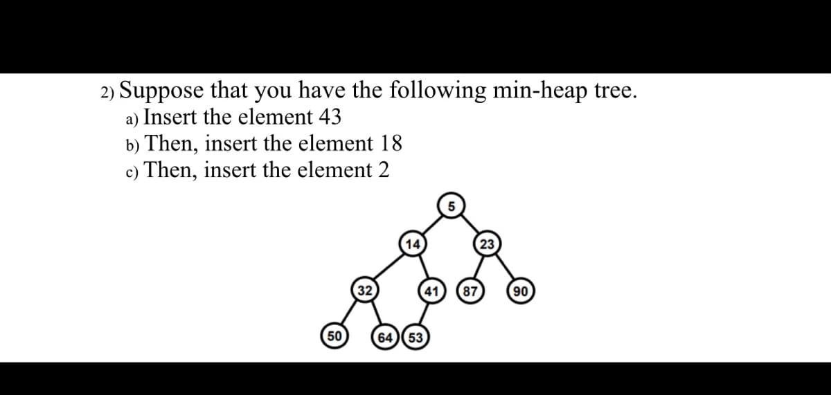 2) Suppose that you have the following min-heap tree.
a) Insert the element 43
b) Then, insert the element 18
c) Then, insert the element 2
23
87
90
50
64)(53
