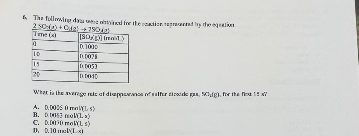 6. The following data were obtained for the reaction represented by the equation
2 SO₂(g) + O2(g) → 2SO3(g)
Time (s)
10
10
15
20
[SO₂(g)] (mol/L)
0.1000
0.0078
0.0053
0.0040
What is the average rate of disappearance of sulfur dioxide gas, SO₂(g), for the first 15 s?
A. 0.0005 0 mol/(L-s)
B. 0.0063 mol/(L.s)
C. 0.0070 mol/(L.s)
D. 0.10 mol/(L-s)