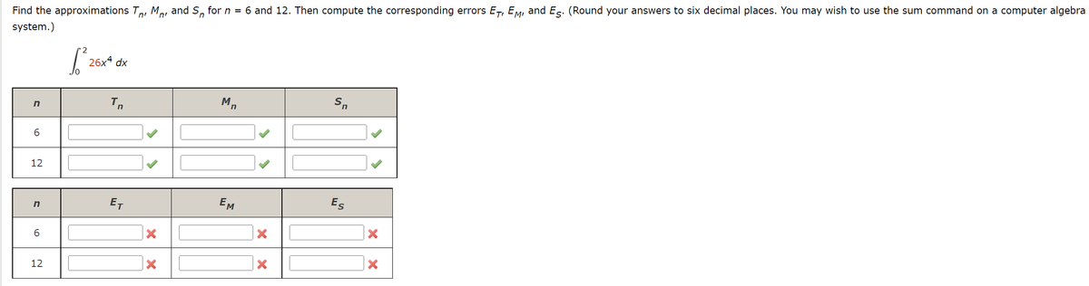 n'
Find the approximations T, M, and S, for n = 6 and 12. Then compute the corresponding errors E, EM, and E. (Round your answers to six decimal places. You may wish to use the sum command on a computer algebra
system.)
n
6
12
n
6
12
√²26
26x4 dx
Tn
ET
X
Mn
EM
X
X
Sn
Es
X
X