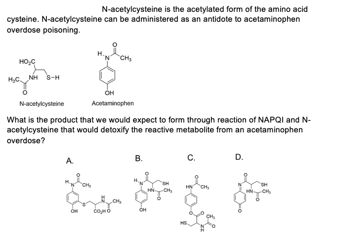 N-acetylcysteine is the acetylated form of the amino acid
cysteine. N-acetylcysteine can be administered as an antidote to acetaminophen
overdose poisoning.
HO₂C
H₂C. NH S-H
A.
`N'
OH
N-acetylcysteine
What is the product that we would expect to form through reaction of NAPQI and N-
acetylcysteine that would detoxify the reactive metabolite from an acetaminophen
overdose?
CH3
OH
Acetaminophen
CO HỌ
CH₂
B.
FO
OH
HN-
Fo
SH
CH₂
C.
HN
HS.
i
CH₂
D.
SH
HN CH₂
O