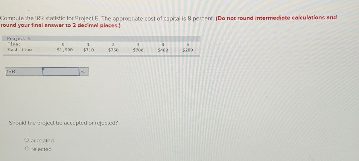 Compute the IRR statistic for Project E. The appropriate cost of capital is 8 percent. (Do not round intermediate calculations and
round your final answer to 2 decimal places.)
Project E
Time:
0
1
2
3
4
5
Cash flow
-$1,900
$710
$750
$700
$480
$280
IRR
%
90
Should the project be accepted or rejected?
O accepted
O rejected