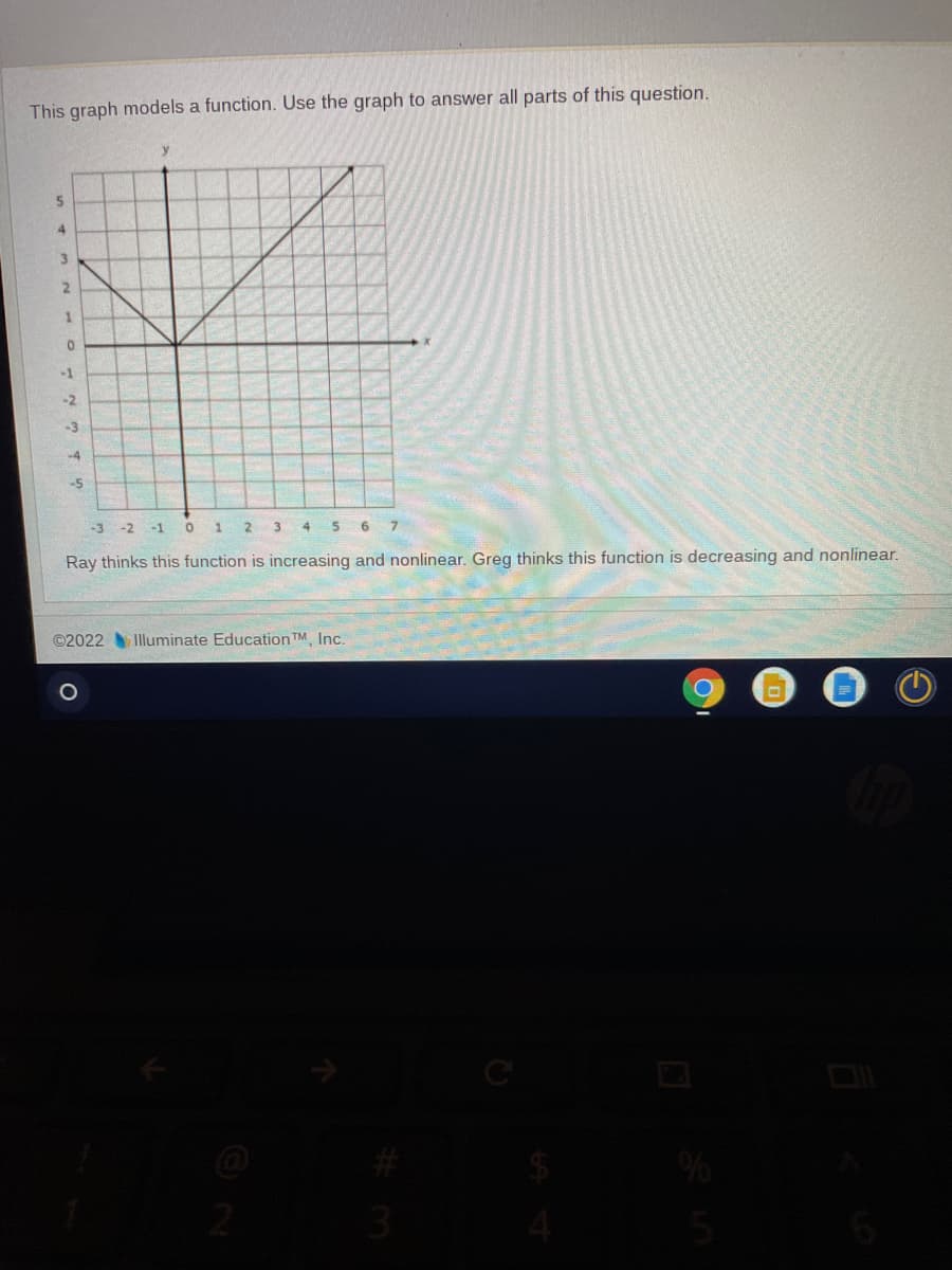 This graph models a function. Use the graph to answer all parts of this question.
-1
-2
-3
-4
-5
-3
-2 -1 0
1 2 3 4 5 6 7
Ray thinks this function is increasing and nonlinear. Greg thinks this function is decreasing and nonlinear.
©2022 Illuminate Education TM, Inc.
