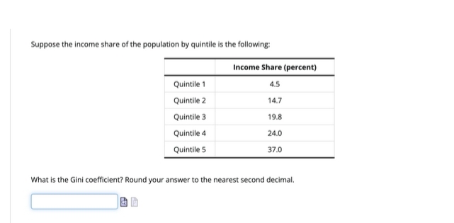 Suppose the income share of the population by quintile is the following:
Income Share (percent)
Quintile 1
4.5
Quintile 2
14.7
Quintile 3
19.8
Quintile 4
24.0
Quintile 5
37.0
What is the Gini coefficient? Round your answer to the nearest second decimal.