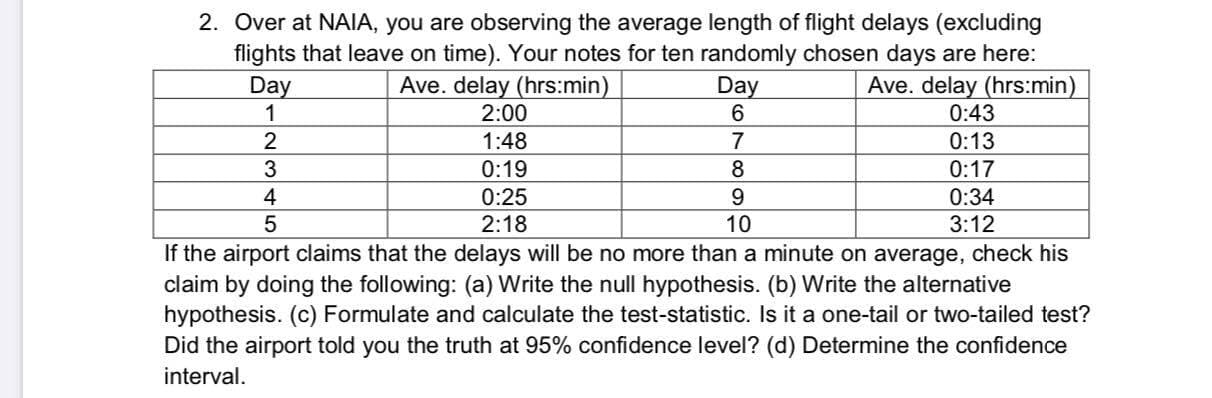 2. Over at NAIA, you are observing the average length of flight delays (excluding
flights that leave on time). Your notes for ten randomly chosen days are here:
Ave. delay (hrs:min)
0:43
Day
Ave. delay (hrs:min)
Day
2:00
1:48
7
0:13
0:17
0:19
0:25
0:34
2:18
10
3:12
If the airport claims that the delays will be no more than a minute on average, check his
claim by doing the following: (a) Write the null hypothesis. (b) Write the alternative
hypothesis. (c) Formulate and calculate the test-statistic. Is it a one-tail or two-tailed test?
Did the airport told you the truth at 95% confidence level? (d) Determine the confidence
interval.
