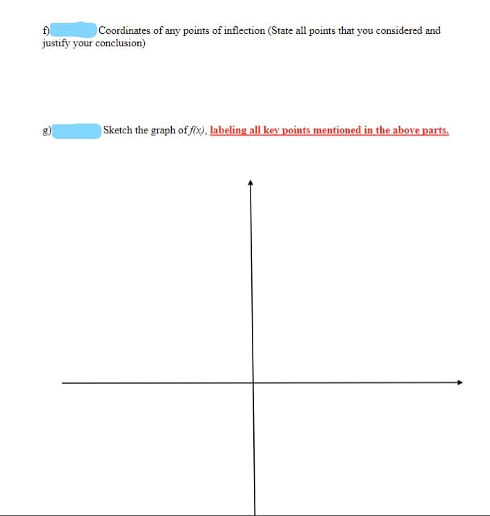 f)
justify your conclusion)
Coordinates of any points of inflection (State all points that you considered and
g)
Sketch the graph of f6x), labeling all key points mentioned in the above parts.
