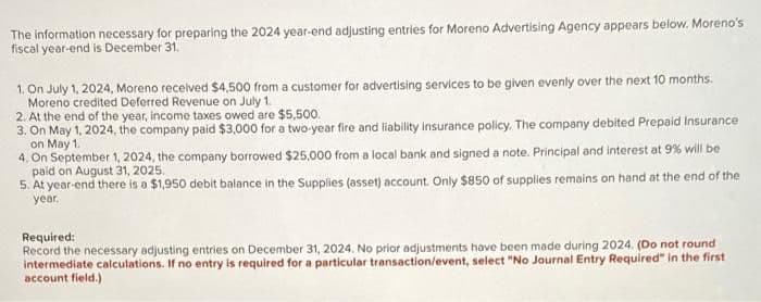 The information necessary for preparing the 2024 year-end adjusting entries for Moreno Advertising Agency appears below. Moreno's
fiscal year-end is December 31.
1. On July 1, 2024, Moreno received $4,500 from a customer for advertising services to be given evenly over the next 10 months.
Moreno credited Deferred Revenue on July 1.
2. At the end of the year, income taxes owed are $5,500.
3. On May 1, 2024, the company paid $3,000 for a two-year fire and liability insurance policy. The company debited Prepaid Insurance
on May 1.
4. On September 1, 2024, the company borrowed $25,000 from a local bank and signed a note. Principal and interest at 9% will be
paid on August 31, 2025,
5. At year-end there is a $1,950 debit balance in the Supplies (asset) account. Only $850 of supplies remains on hand at the end of the
year.
Required:
Record the necessary adjusting entries on December 31, 2024. No prior adjustments have been made during 2024. (Do not round
intermediate calculations. If no entry is required for a particular transaction/event, select "No Journal Entry Required" in the first
account field.)