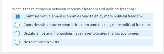 What is the relationship between economic freedom and political freedom?
Countries with planned economies tend to enjoy more political freedom.
Countries with more economic freedom tend to enjoy more political freedom.
Dictatorships and monarchies have never tolerated market economies.
No relationship exists.