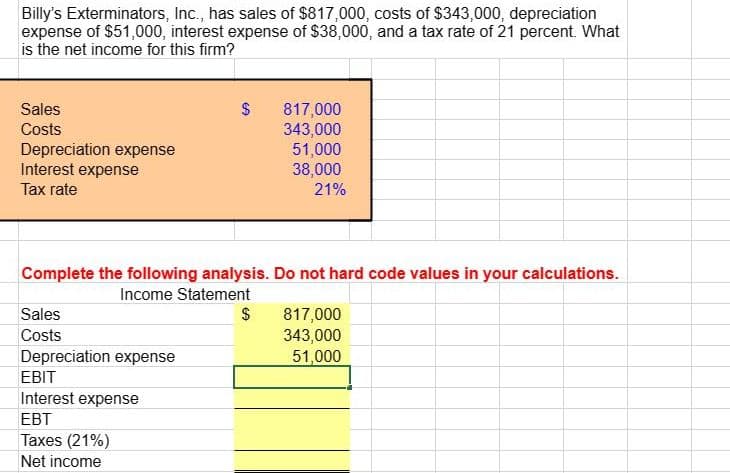 Billy's Exterminators, Inc., has sales of $817,000, costs of $343,000, depreciation
expense of $51,000, interest expense of $38,000, and a tax rate of 21 percent. What
is the net income for this firm?
Sales
Costs
Depreciation expense
Interest expense
Tax rate
$
Sales
Costs
Depreciation expense
EBIT
Interest expense
EBT
Taxes (21%)
Net income
817,000
343,000
51,000
38,000
21%
Complete the following analysis. Do not hard code values in your calculations.
Income Statement
$
817,000
343,000
51,000