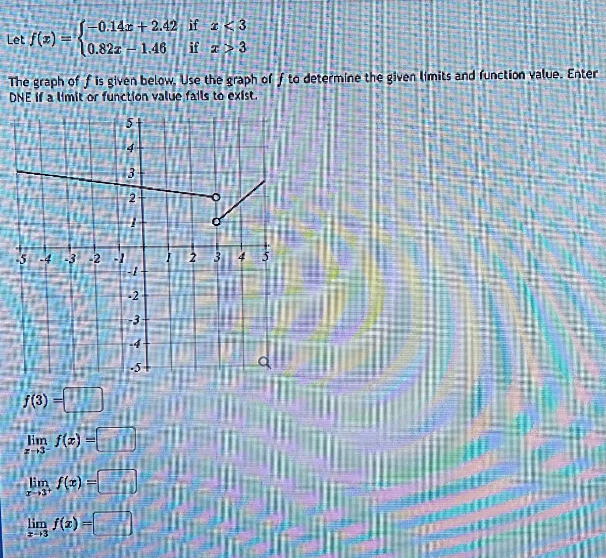 Let f(x) =
-0.142 +2.42 if z <3
10.82z - 1.46
The graph of f is given below. Use the graph of f to determine the given limits and function value. Enter
DNE if a limit or function value fails to exist.
f(3) =
lim_ f(x) = {
lim f(x)=
lim f(x) =
3
-3
-4
-5-
2 3 4